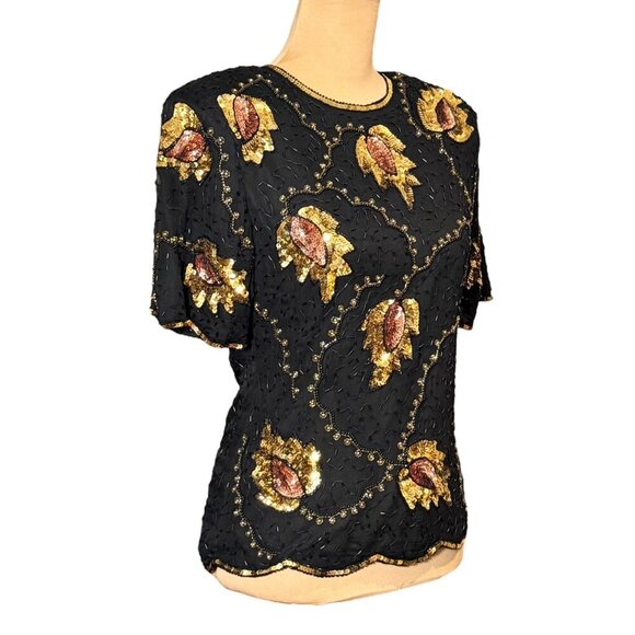 VTG 90s Stenay Beaded Top Sz.S Blak Gold Leaf Sequins Whimsigoth Fairy Formal - Picture 2 of 11